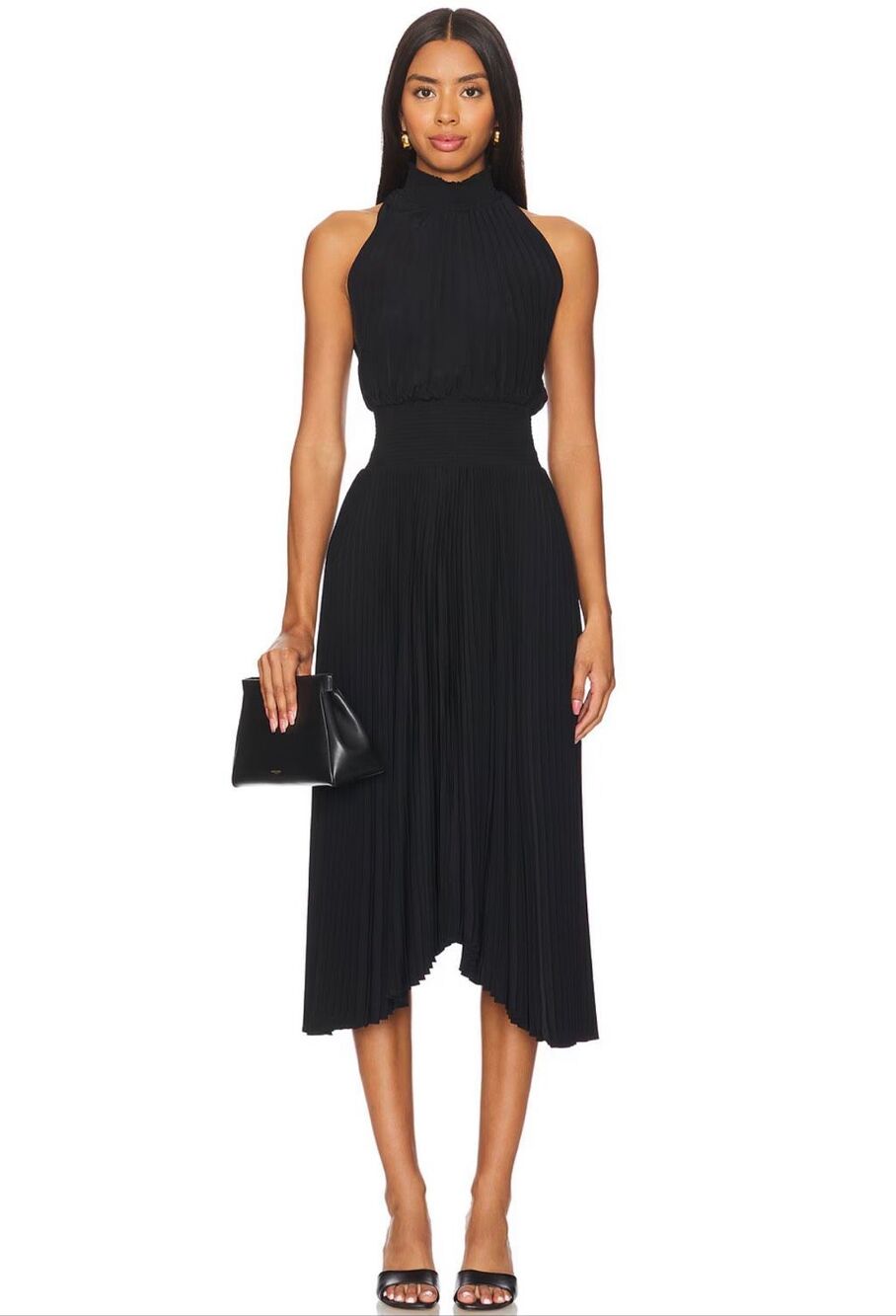 A.L.C. Renzo Black Pleated Asymmetric Midi Dress Smocked High Neck Size 6